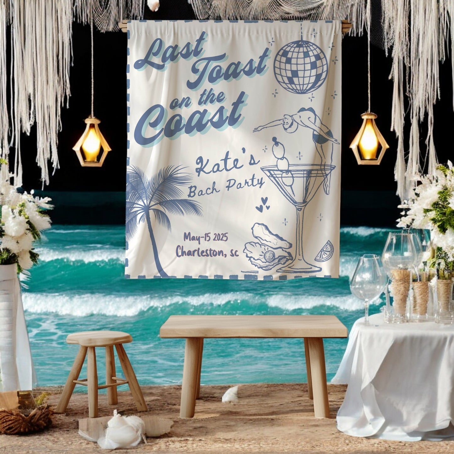 Beach Bachelorette Banner – Custom Bach Decor for Shoreline, Palm Trees & Ocean Views