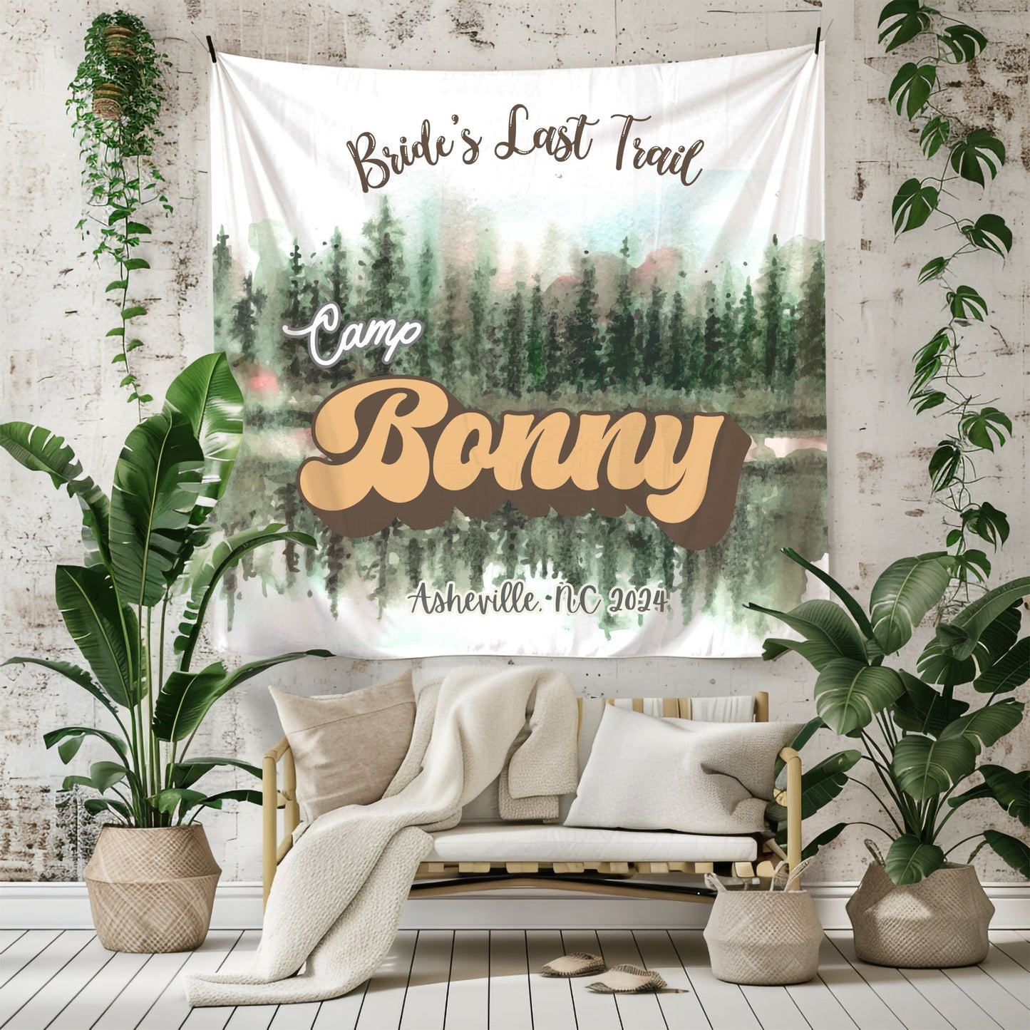 Personalized Camping Bachelorette Banner – custom name décor for hiking, lake, and rustic bachelorette weekends.