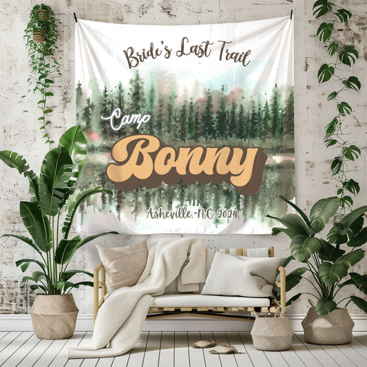 Personalized Camping Bachelorette Banner – custom name décor for hiking, lake, and rustic bachelorette weekends.