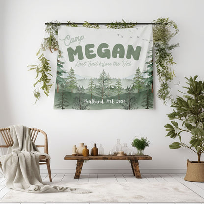 Custom Name Camping Bach Banner – glamping bachelorette party backdrop for cabins and outdoor celebrations.
