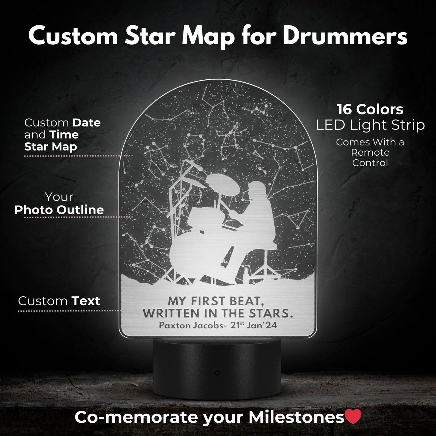 Custom Star Map for Drummers- LED Laser Etched Acrylic Plaque