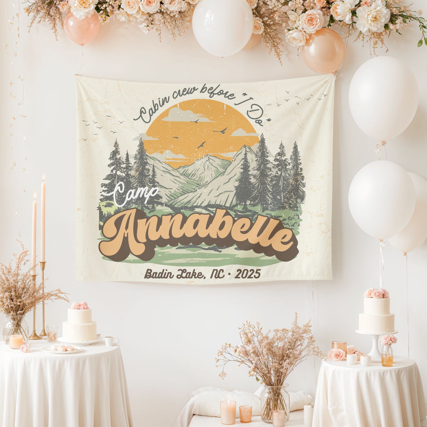 Custom Name Camp Bachelorette Banner – perfect outdoor décor for hiking, lake, and cabin Bach weekends.