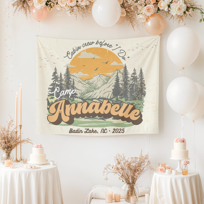 Custom Name Camp Bachelorette Banner – perfect outdoor décor for hiking, lake, and cabin Bach weekends.