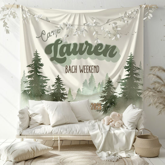 Camping Bachelorette Banner with custom name – perfect décor for outdoor, glamping, and cabin Bach parties.