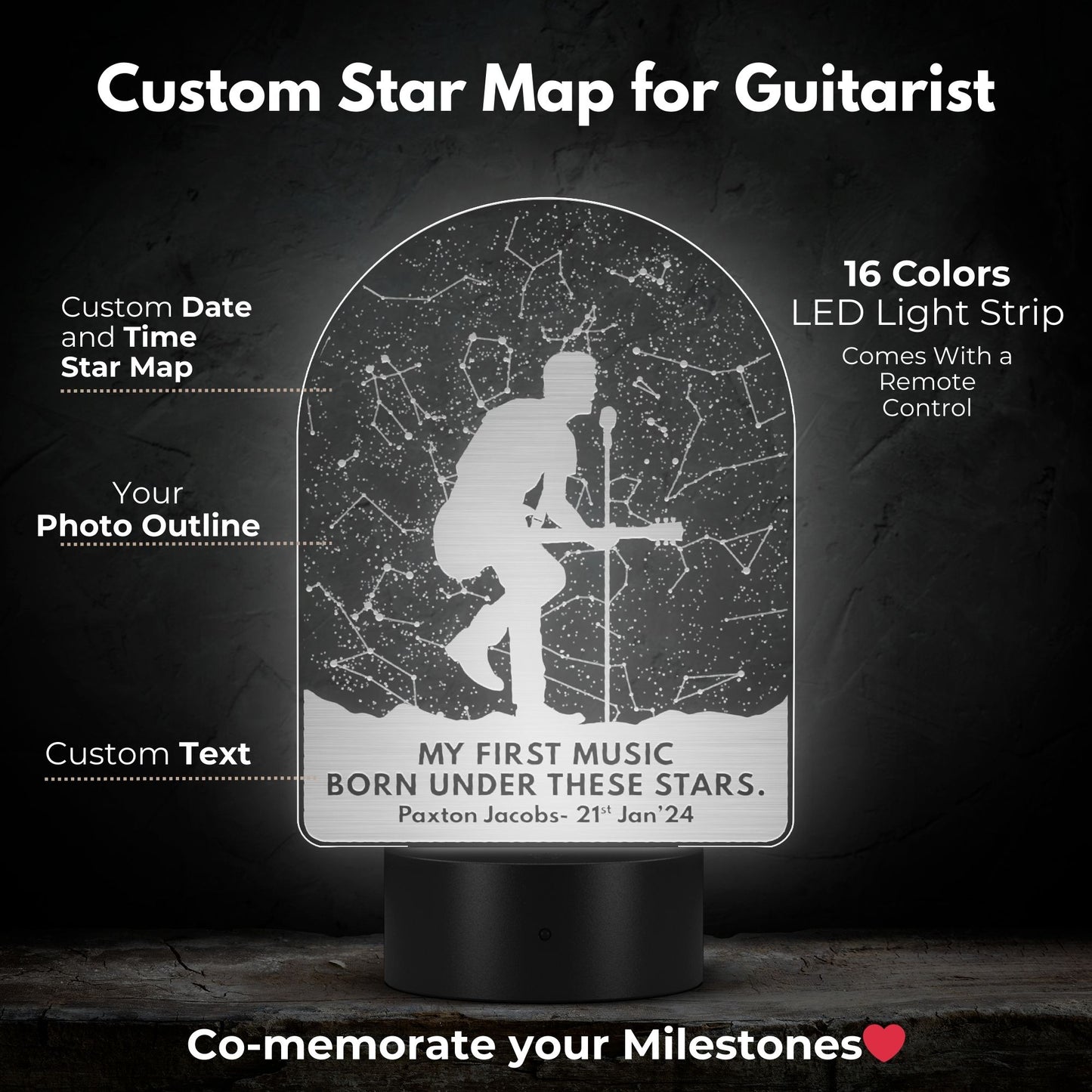 Custom Star Map for Guitarists - LED Laser Etched Acrylic Plaque
