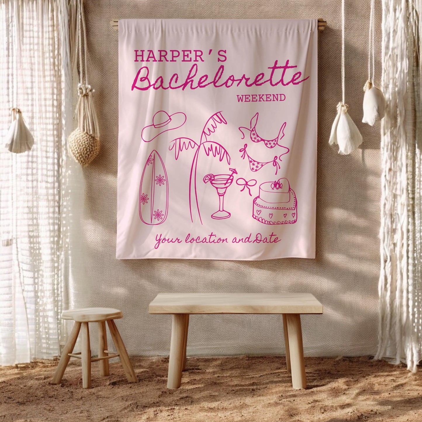 Custom Beach Bachelorette Banner – Personalized Coastal Bach Décor, Pool Party Bachelorette Sign, Tropical Bridal Party Decoration