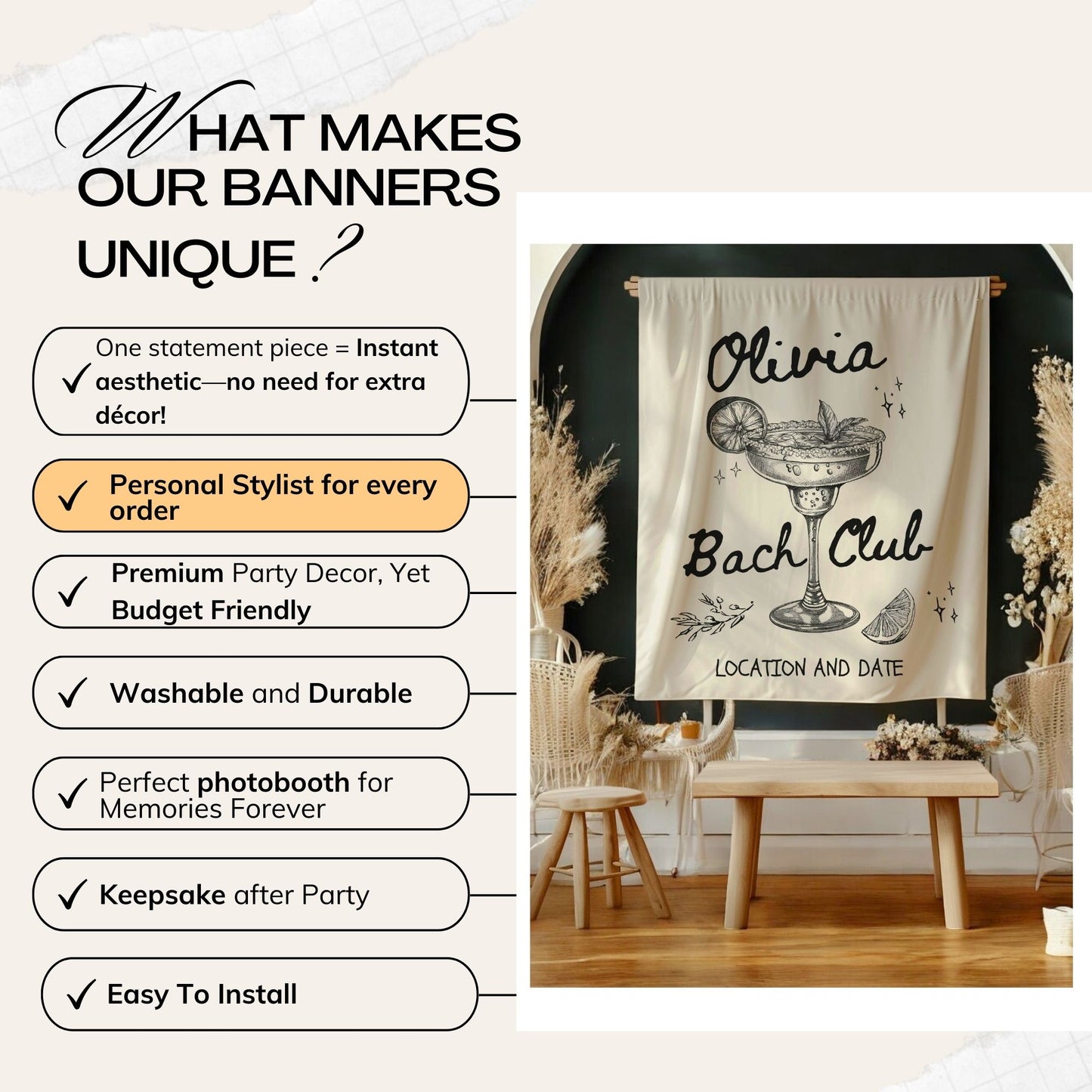 Cocktail Bachelorette Banner– Custom Bach Décor | #24