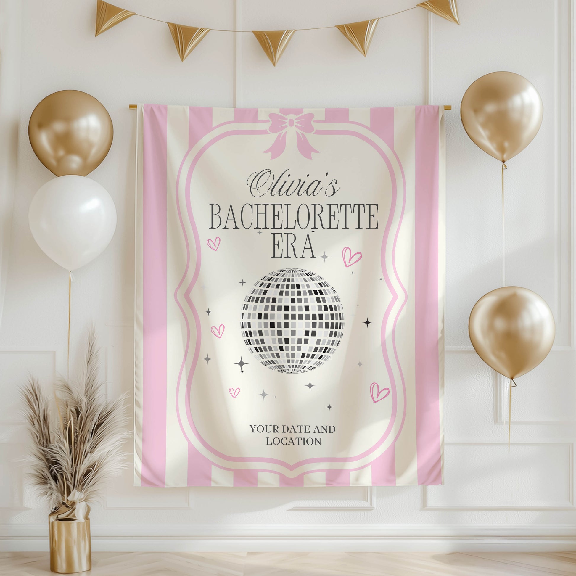 Bach Era-inspired decor for a concert-style bachelorette party, featuring custom banners and vibrant backdrops to celebrate in style.
