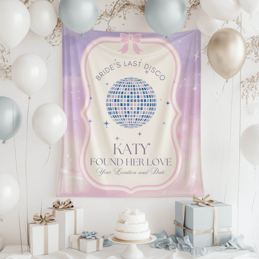Disco Bachelorette and Bride Era decor, with concert-inspired banners and vibrant backdrops for a fun and unforgettable celebration.