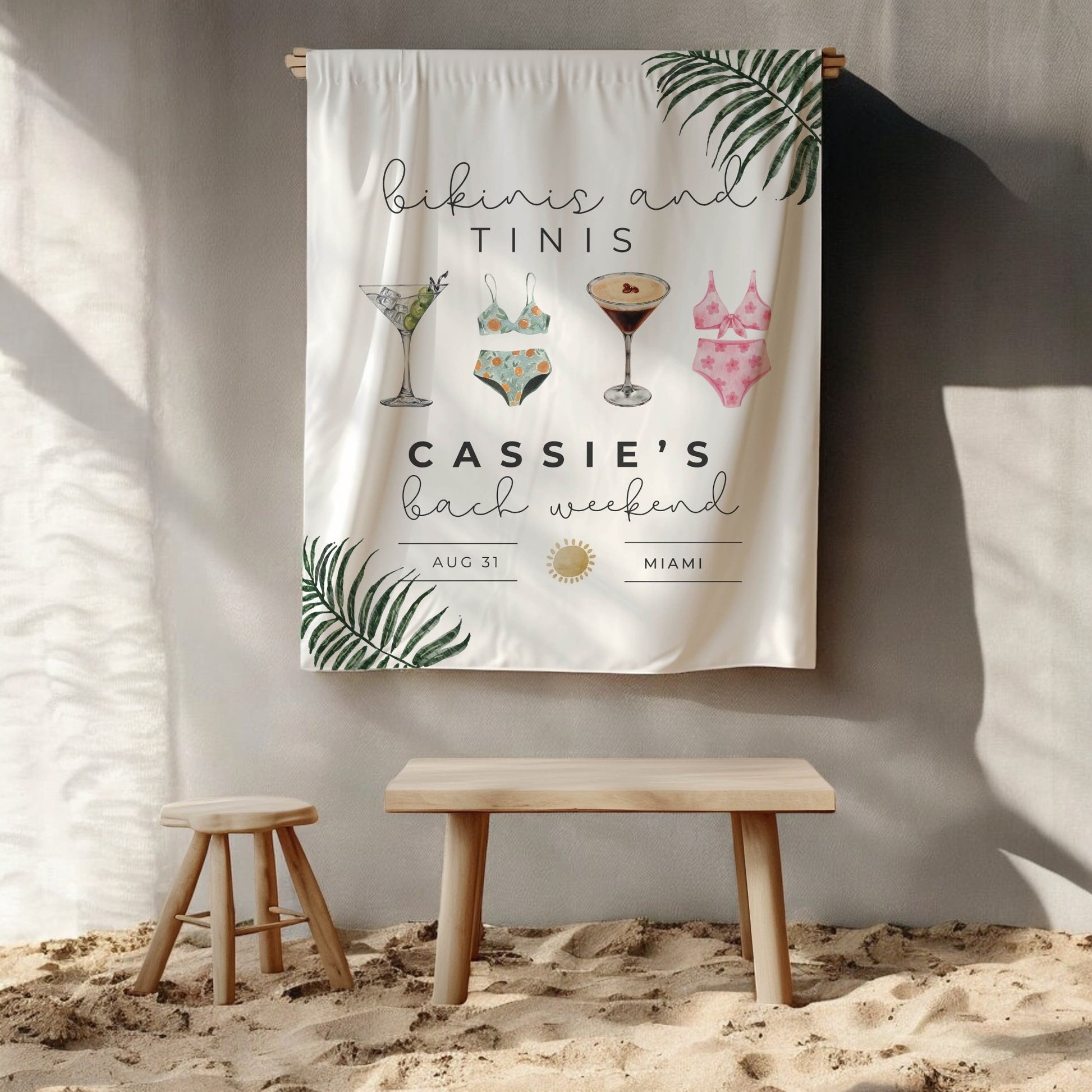 Custom Beach Bachelorette Banner with tropical design, perfect for coastal, pool party, and bridal weekend décor.